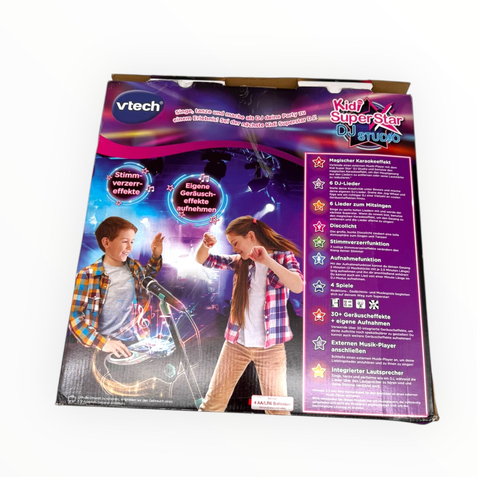 VTech Kidi Super Star DJ Studio in black, featuring microphone and 10-in-1 karaoke toy functions for kids.