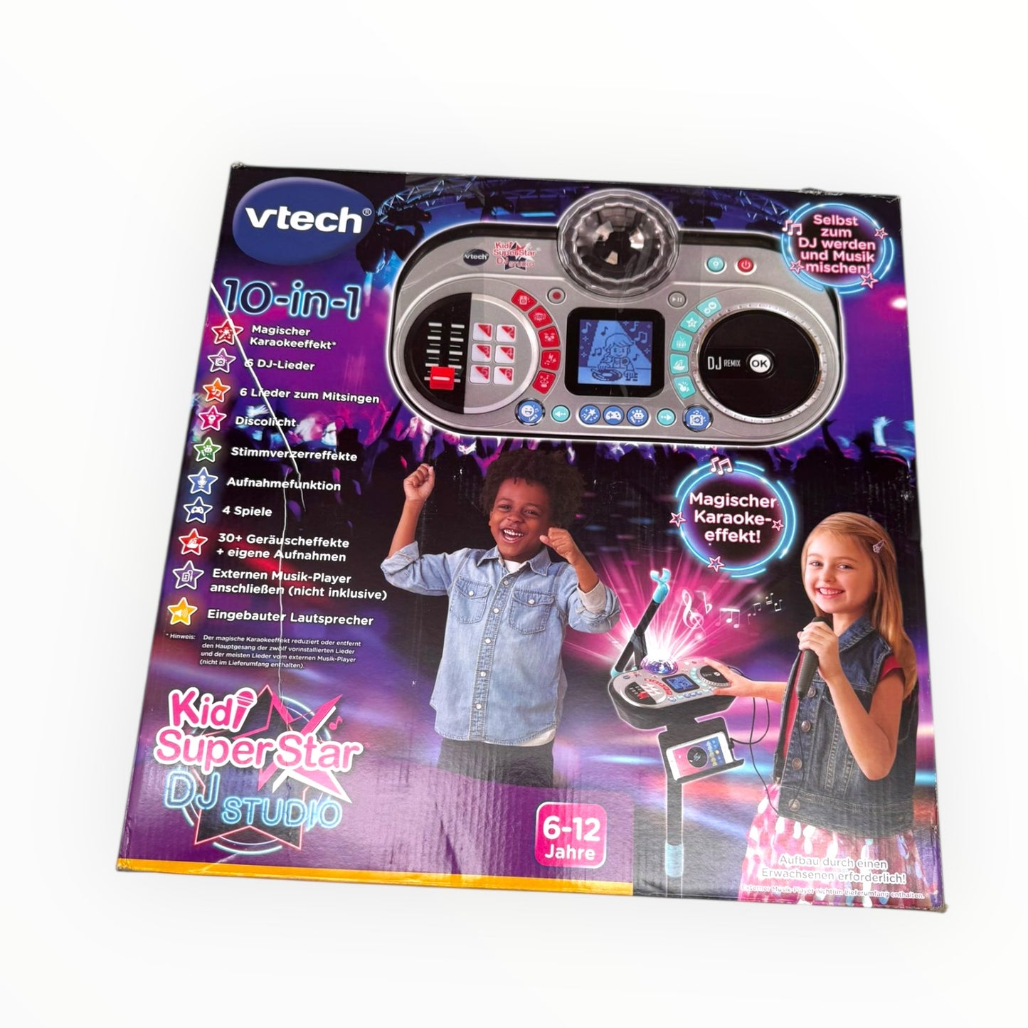 VTech Kidi Super Star DJ Studio in black with microphone, showcasing 10-in-1 karaoke play features for kids.
