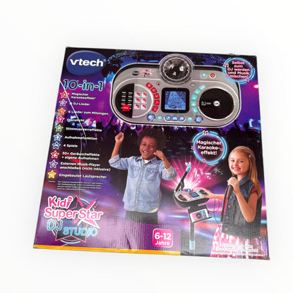 VTech Kidi Super Star DJ Studio in black with microphone, showcasing 10-in-1 karaoke play features for kids.
